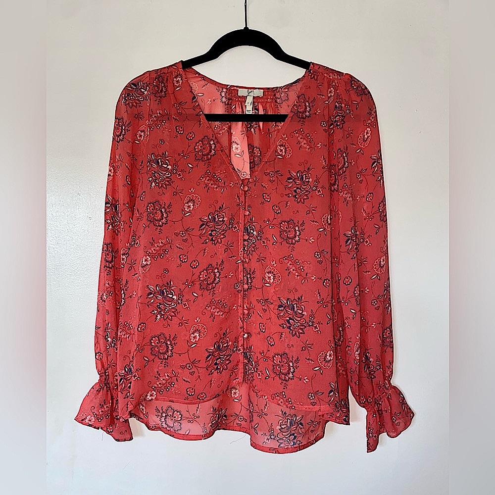 Joie 100% silk coral salmon pink floral lightweight long sleeve blouse sz small